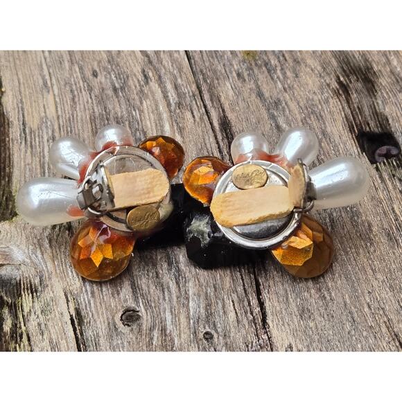 Vintage Wendy Gell Black Faux Pearl & Crystal Rhinestone Runway Clip On Earrings - Picture 6 of 9